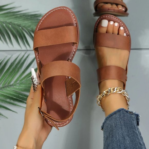 Brown Boho Women Twin Strap Artificial Leather Open Toe Ankle Strap Sandals - Picture 1 of 5